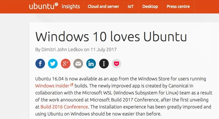 Canonical 发布公告称 “Windows 10 爱 Ubuntu”
