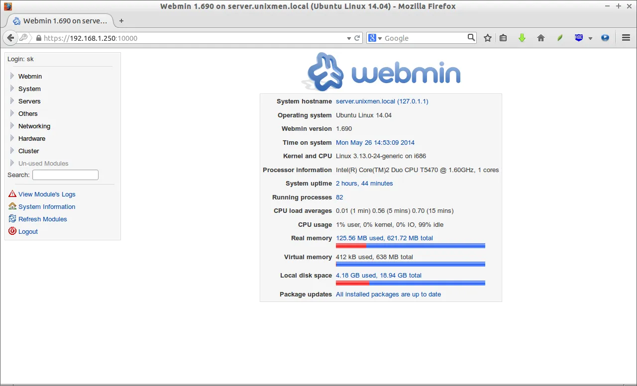 Webmin 1.690 on server.unixmen.local (Ubuntu Linux 14.04)
