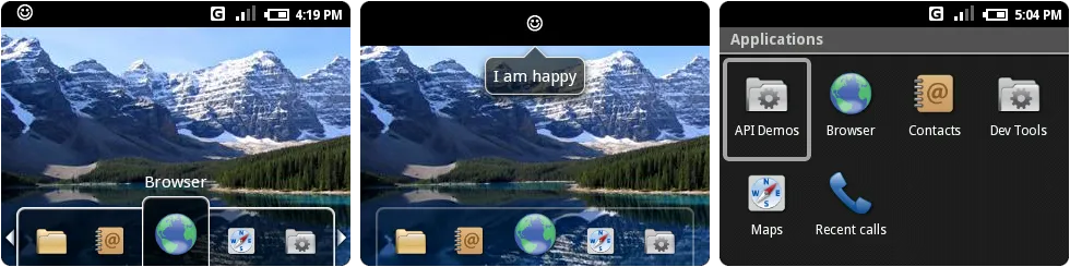 从左到右：主屏幕，一个打开的通知，以及“应用”文件夹。