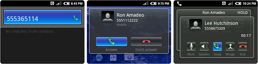 当你在主屏幕按数字键弹出的拨号界面，来电，以及电话会议界面。