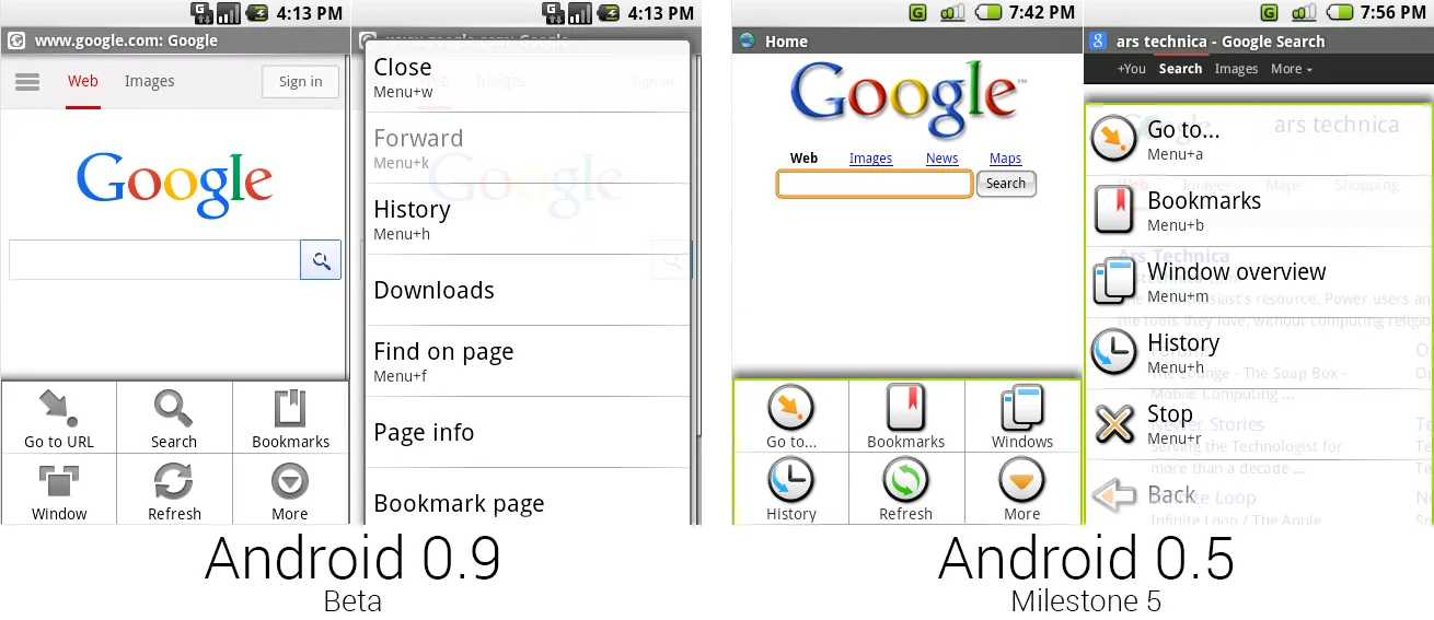 安卓0.9和0.5的浏览器,展现出新的无色彩菜单。