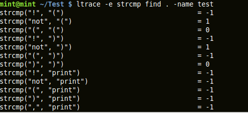 output of ltrace capturing 'strcmp' library call