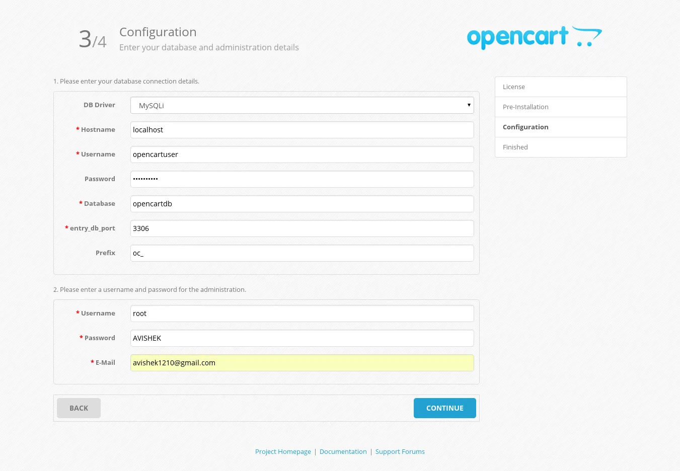 OpenCart Database Details