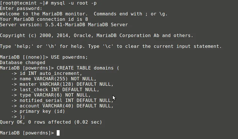 Create Table Domains for PowerDNS