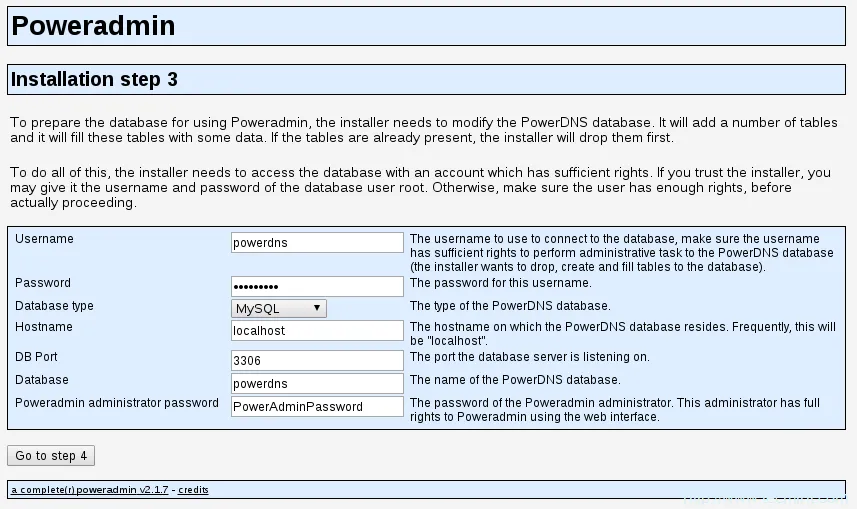 Enter PowerDNS Database Settings