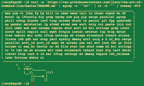 curl -s 'https://raw.githubusercontent.com/jlevy/the-art-of-command-line/master/README.md' | egrep -o '`w+`' | tr -d '`' | cowsay -W50
