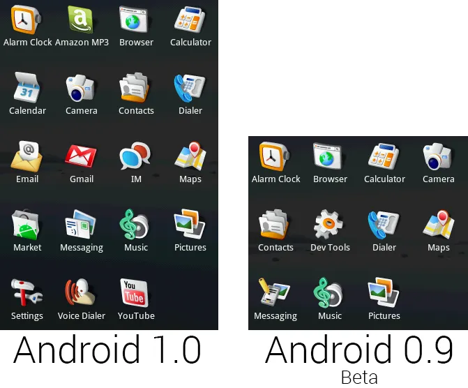 安卓1.0和0.9的默认应用列表。
