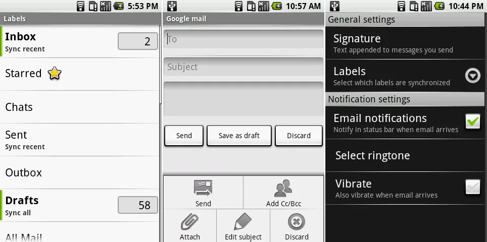 Gmail在安卓1.0的标签视图，写邮件界面，以及设置。