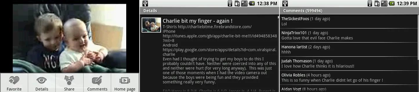 YouTube的视频菜单，描述页面，评论。