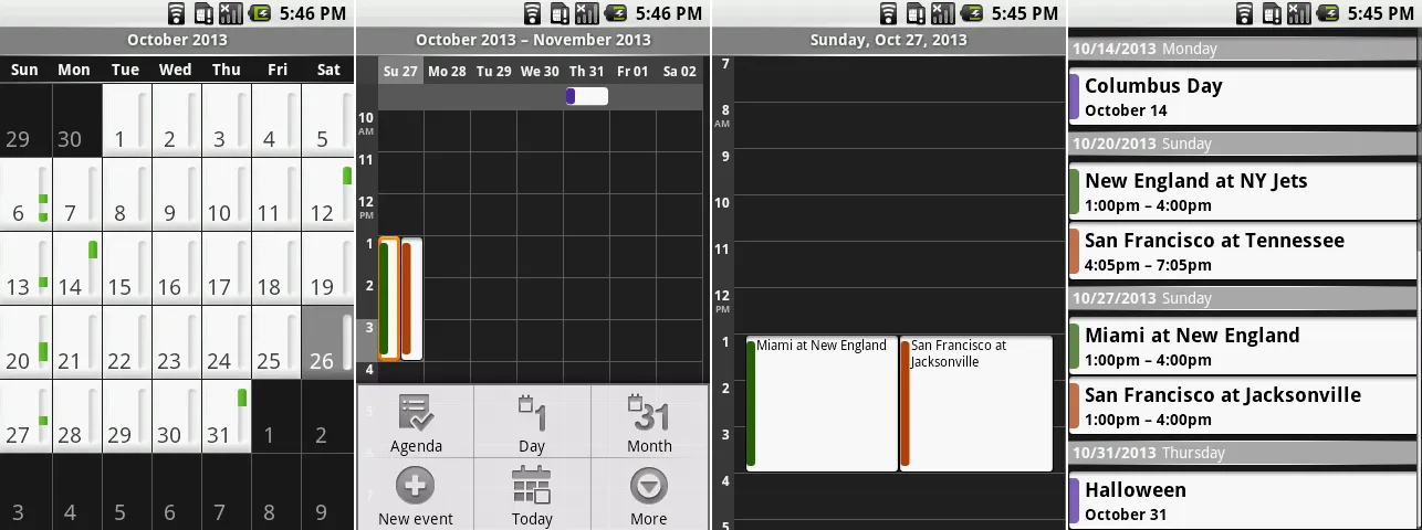 日历的月视图，打开菜单的周视图，日视图，以及日程。