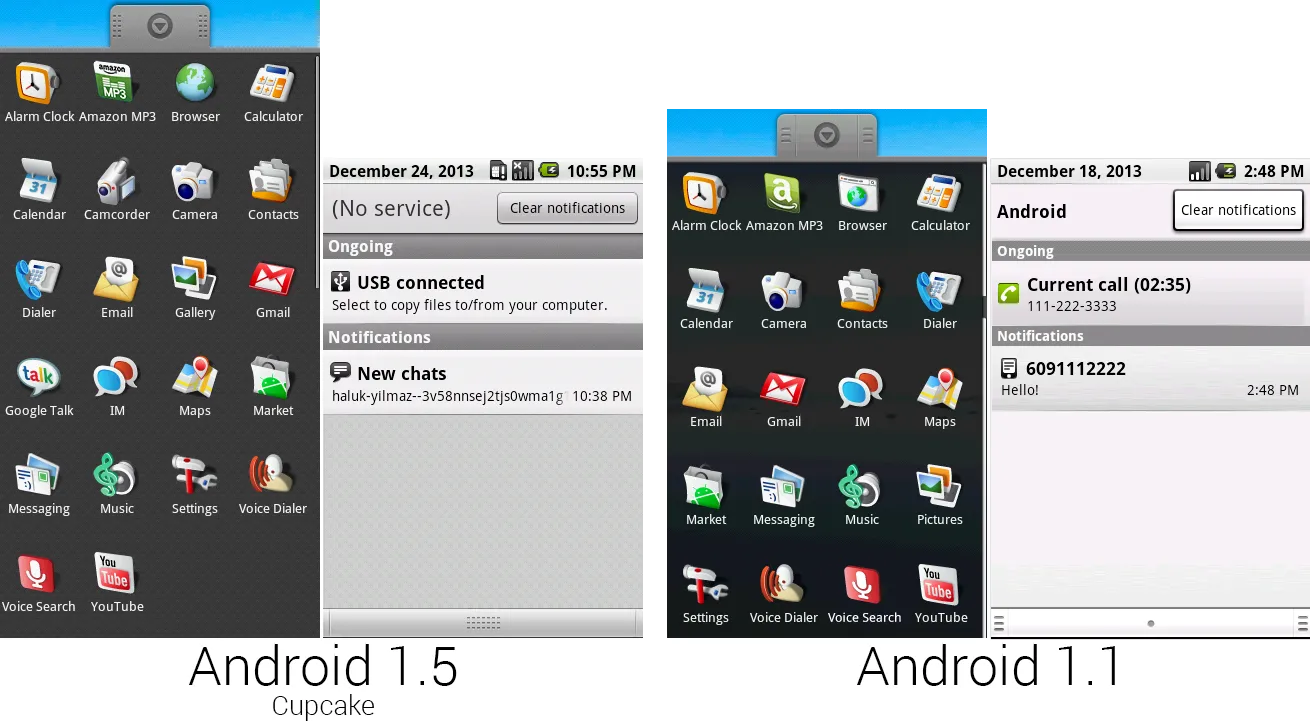 1.5和1.1中的应用程序界面和通知面板的对比。