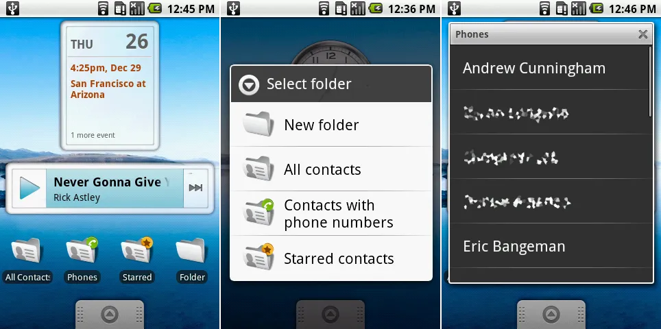 左：日历小部件，音乐小部件以及一排实时文件夹的截图。中：文件夹列表。右：“带电话号码的联系人”实时文件夹的打开视图。
