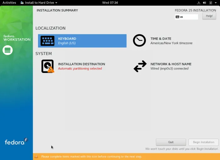 Fedora 25 Installation Summary