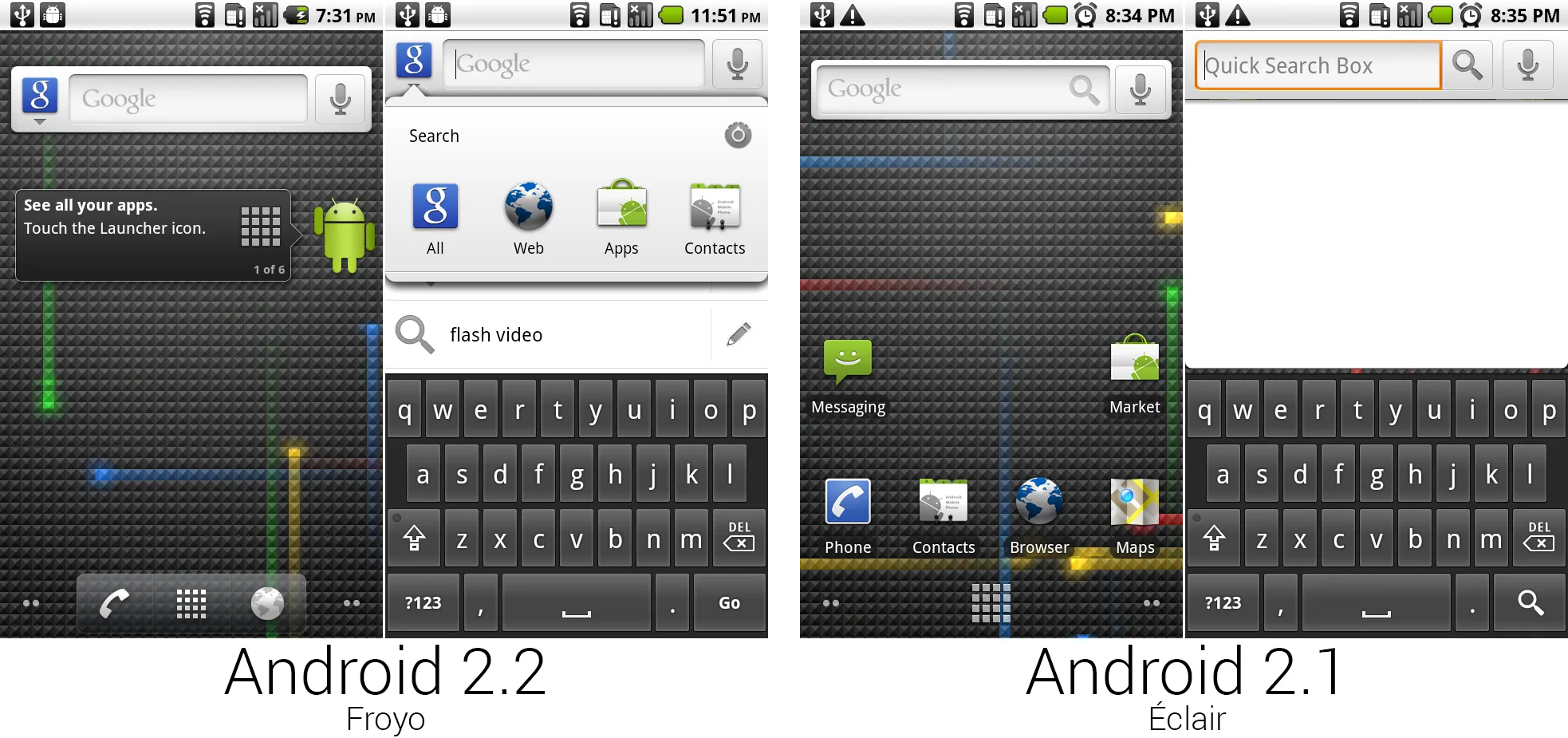 Froyo底部添加了双图标停靠栏以及全局搜索。