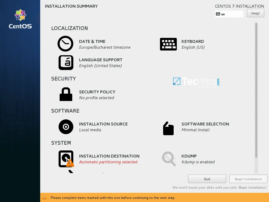 CentOS 7.3 Installation Summary 