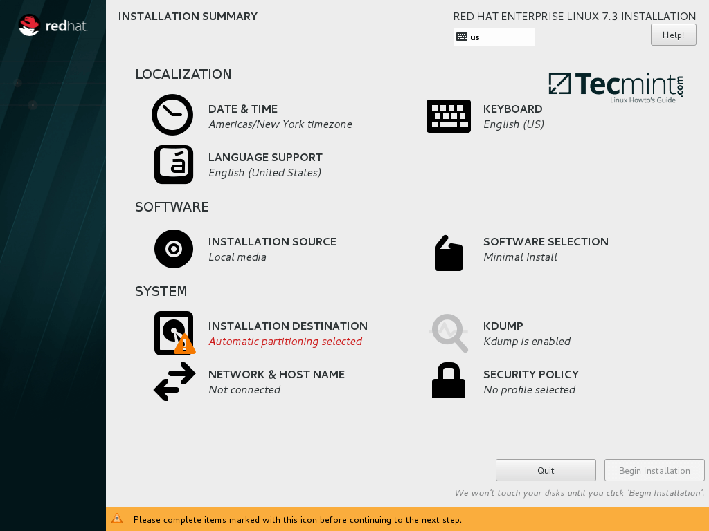 RHEL 7.3 Installation Summary