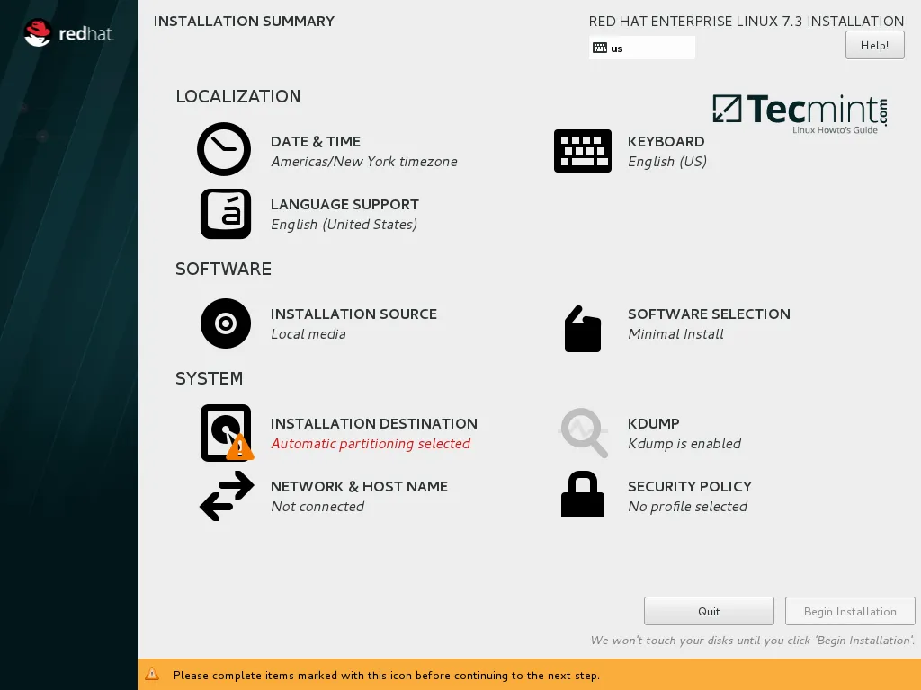 RHEL 7.3 Installation Summary