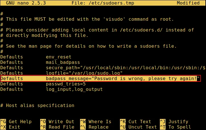Set sudo badpassword Message