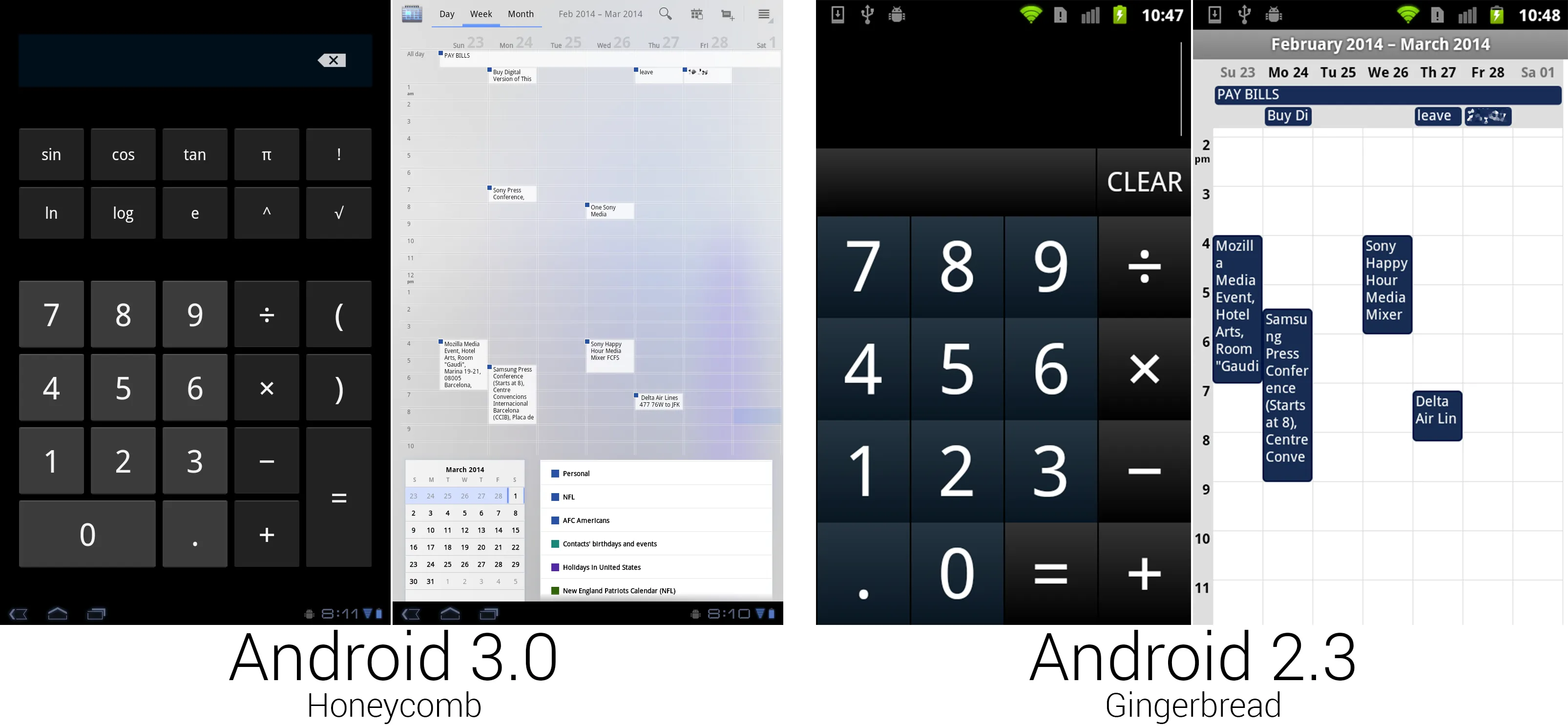 计算器使用了常规的安卓按钮，但日历看起来像是被谁打翻了蓝墨水。
