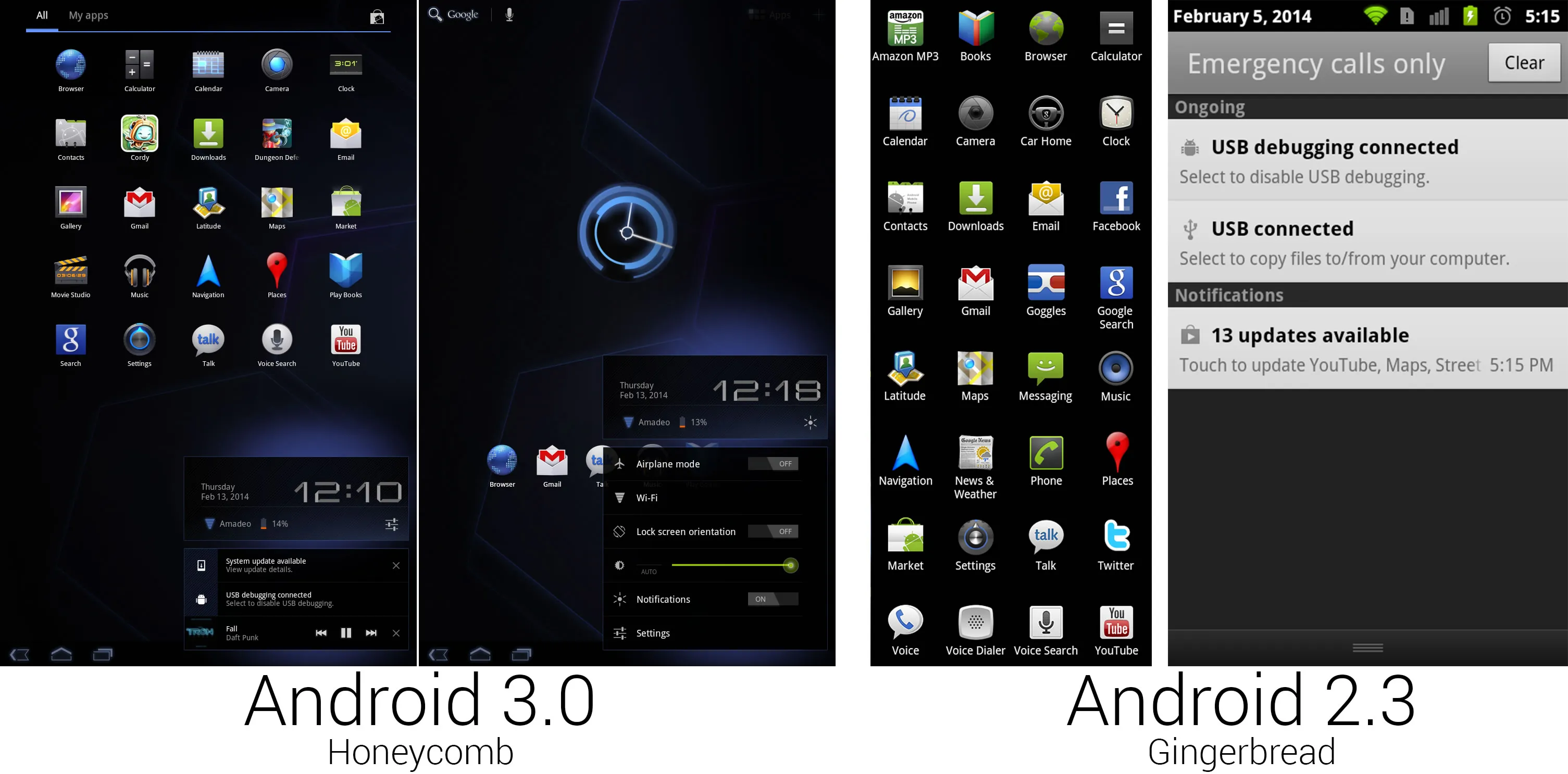 蜂巢的应用列表少了很多应用。上图还展示了通知中心和新的快速设置。