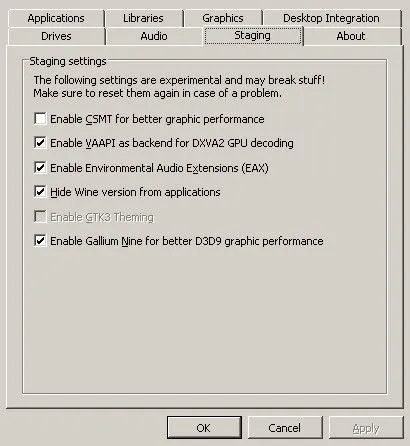 Winecfg Staging Settings