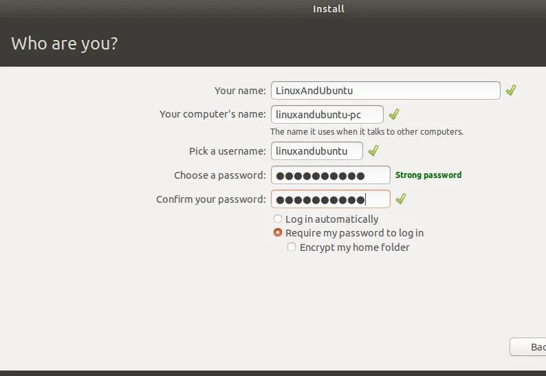 创建用户名、系统名并开始安装