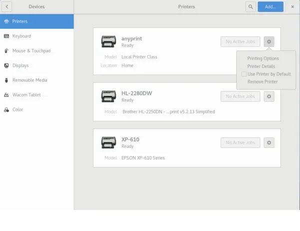 Using printer settings on Fedora 27