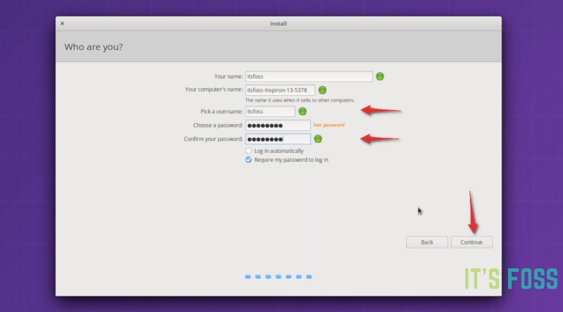 To keep the home partition intact, use the previous user and password