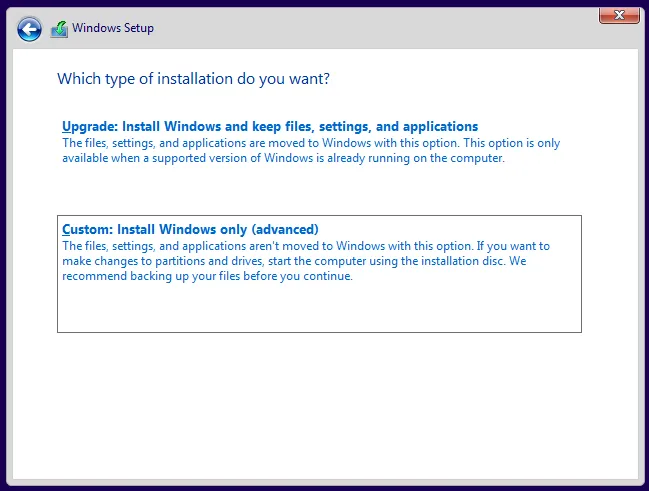 Select type of Windows installation 选择 Windows 的安装方式