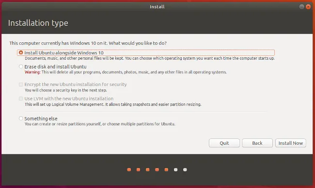 Install Ubuntu alongside Windows 安装 Ubuntu,与 Windows 10共存