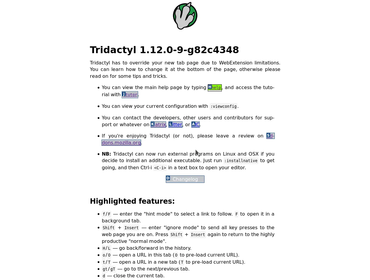 Tridactyl's new tab page, showcasing link hinting Tridactyl screenshot