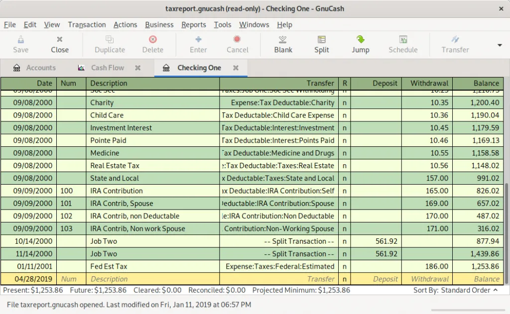 Checking account records shown in GnuCash.