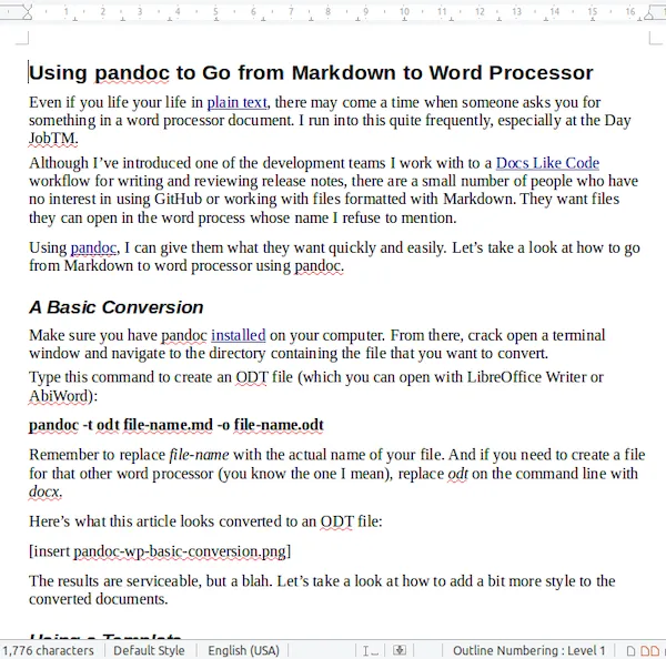 Basic conversion results with pandoc.