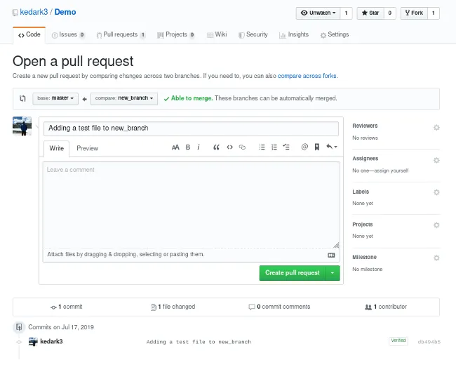 GitHub's Open pull request button