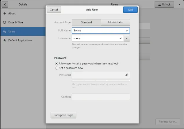 GNOME settings - add user