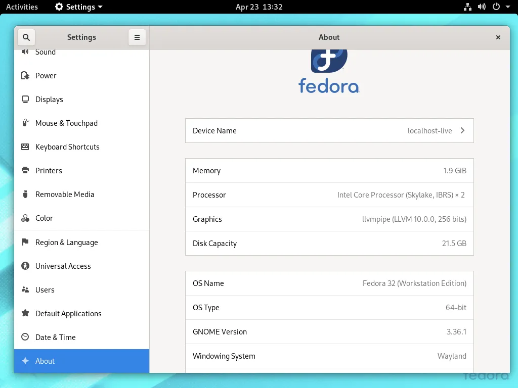 The reorganized settings application in Fedora 32