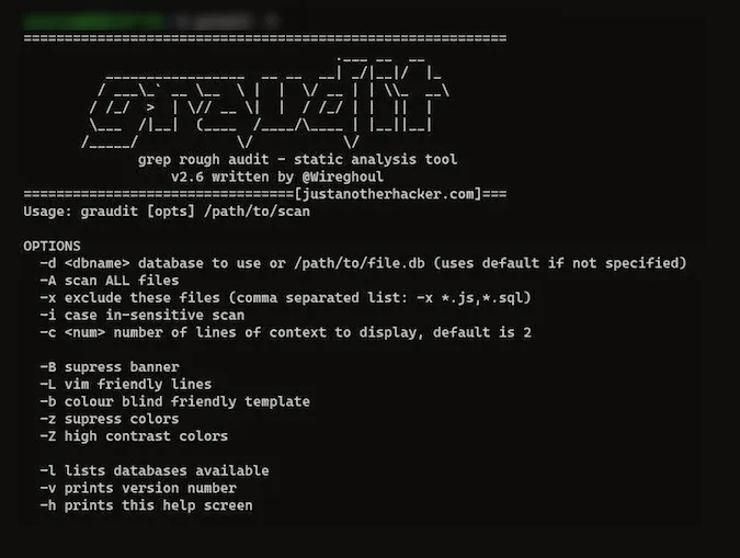 Graudit terminal screen showing help page Graudit terminal screen showing help page