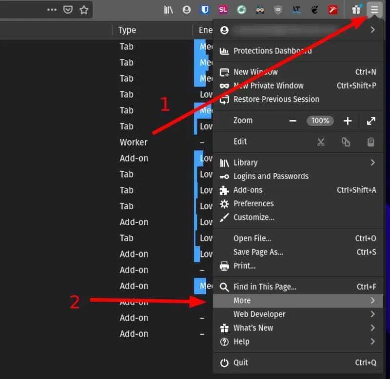 Accessing task manager in Firefox