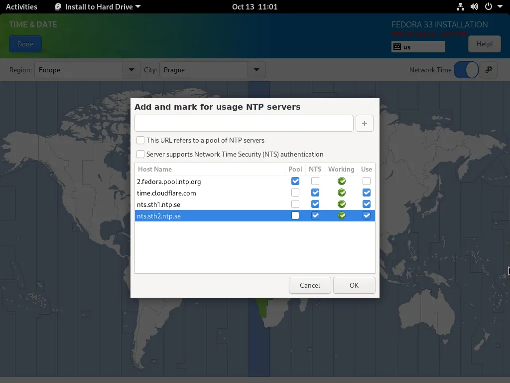 Fedora 安装程序中的网络时间配置