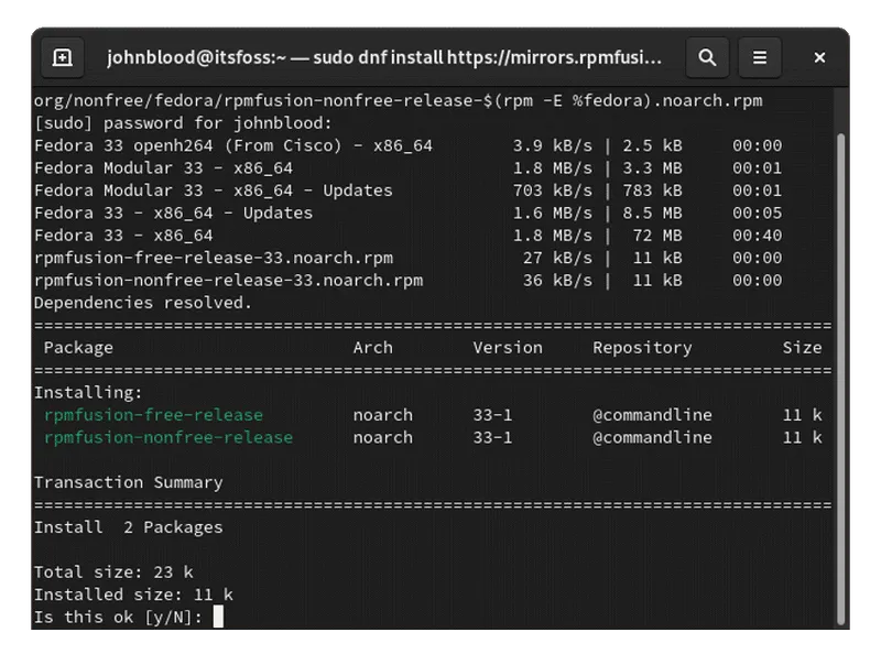 通过命令行安装 RPM Fusion