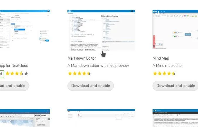 Nextcloud app store showing Markdown Editor installer Nextcloud app store showing Markdown Editor installer