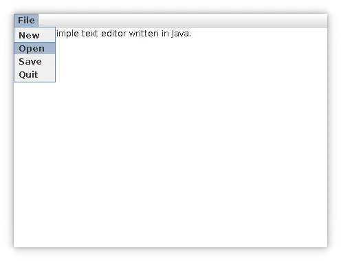 White text editor box with single drop down menu with options File, New, Open, Save, and Quit 带有单个下拉菜单的白色文本编辑器框,有 File、New、Open、Save 和 Quit 菜单