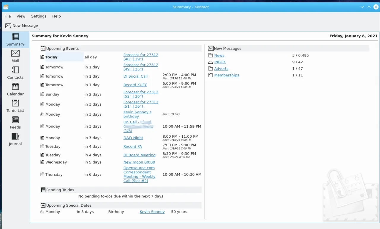 Kontact Summary screen Kontact Summary screen