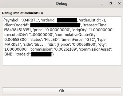 Output of a successfully placed sell order