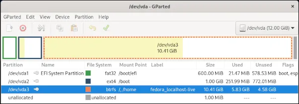 GParted's view of Btrfs on Fedora 33 Workstation using GParted
