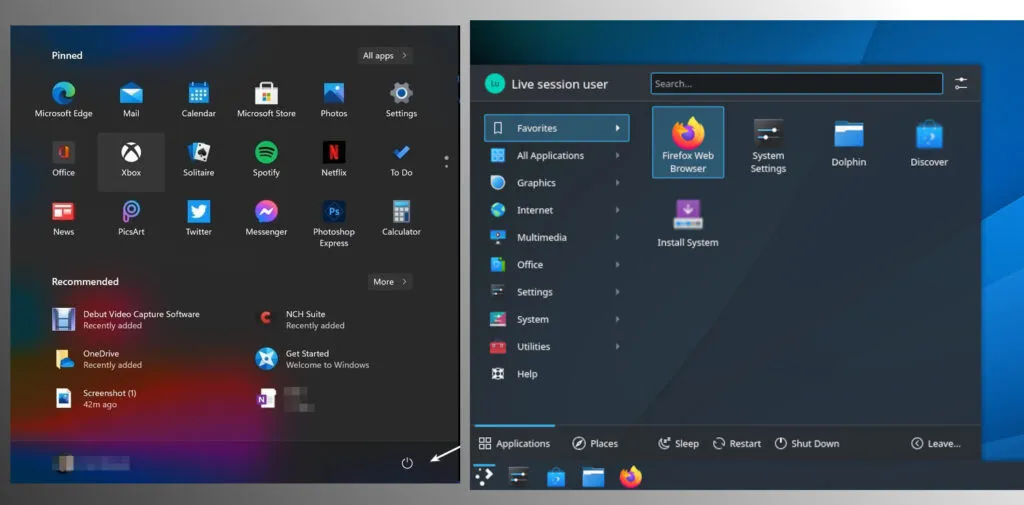 Windows 11 开始菜单与 KDE Plasma 的比较