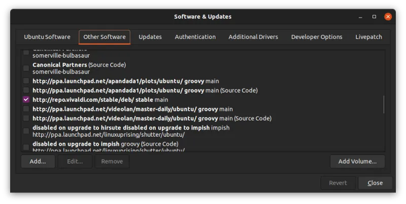 已添加到系统中的 Vivaldi 仓库