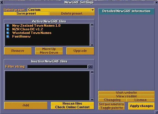 The NewGRF settings menu NewGRF settings window