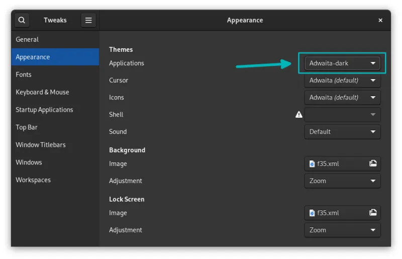 Selecting the Adwaita-dark theme