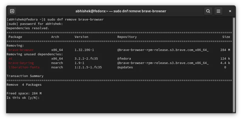 Removing Brave browser from Fedora Linux
